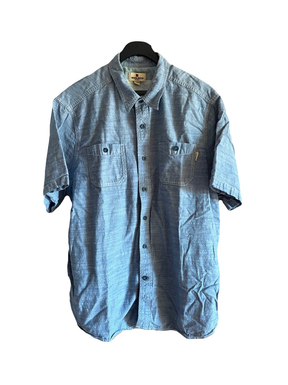 Woolrich Men's Chambray Short Sleeve Button-Down in Light Blue size XL